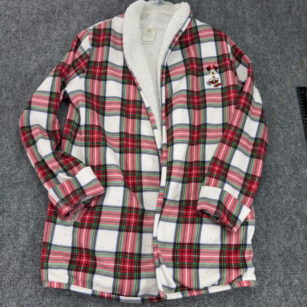 Disney Minnie Mouse Holiday Plaid Sherpa Lined Cardigan Jacket White Red Size M